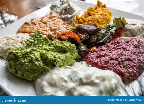 Close Up Of Various Colorful Middle Eastern Dips And Spreads Stock Image Image Of Fresh Meal