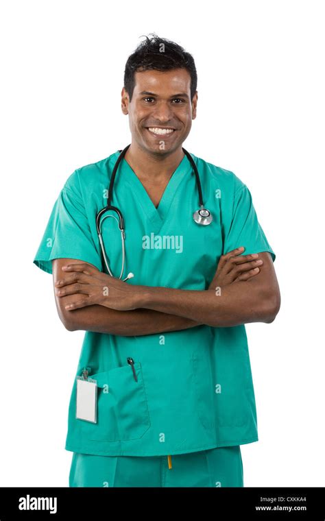 Indian Doctor Wearing A Green Scrubs Isolated On White Stock Photo Alamy