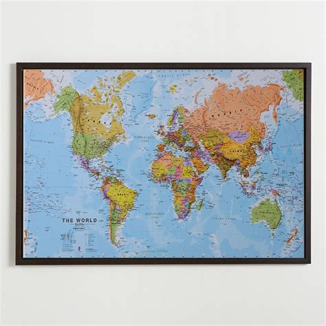 Large World Wall Map Political Canvas Floater Frame Black