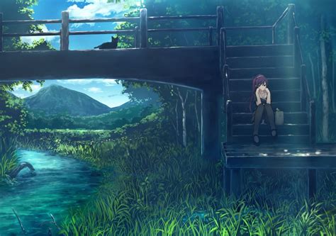 Female Anime Character Sitting On Bridge I Lustration Manga Hd Wallpaper Wallpaper Flare