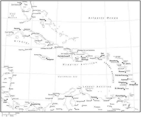 Black And White Caribbean Sea Map With Countries And Major Cities