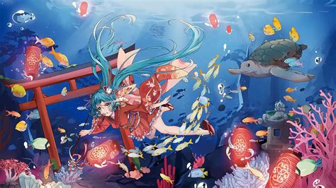 Desktop Wallpaper Underwater Hatsune Miku Anime Girl Turtle Hd