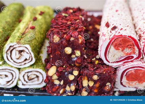 Various Types Or Many Colorful Assortment Of Turkish Delights Rolls For