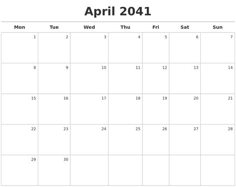 April 2041 Calendar Maker