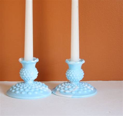 Vintage Fenton Blue Marble Hobnail Candle Holders Set Of 2 Etsy Blue Marble Candle Holders