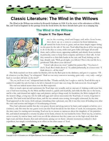 Classic Literature Worksheet The Wind In The Willows Teaching