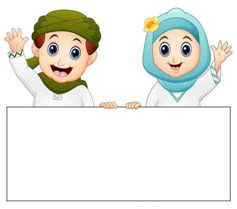 Happy Muslim Kid Holding Blank Sign And Waving Hand Islamic Cartoon