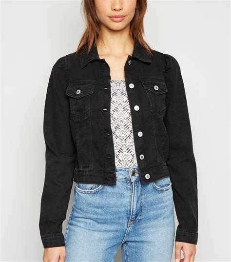 women s black puff shoulder crop denim jacket aa sourcing ltd
