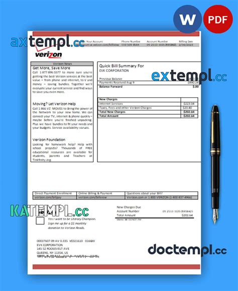 sample Verizon business utility bill, Word and PDF template download
