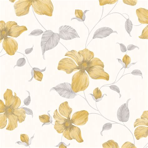 Grandeco Magnolia Floral Flowers Glitter Textured Yellow Grey Wallpaper