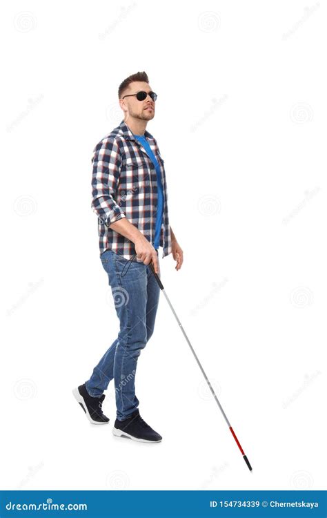 Blind Man In Dark Glasses With Walking Cane On White Stock Image
