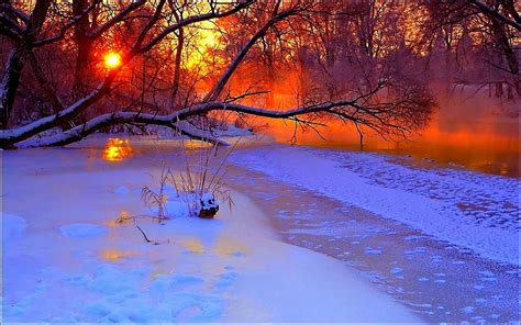 Sunrise River In The Winter Snow Trees Orange Sun Gassing Wallpaper For