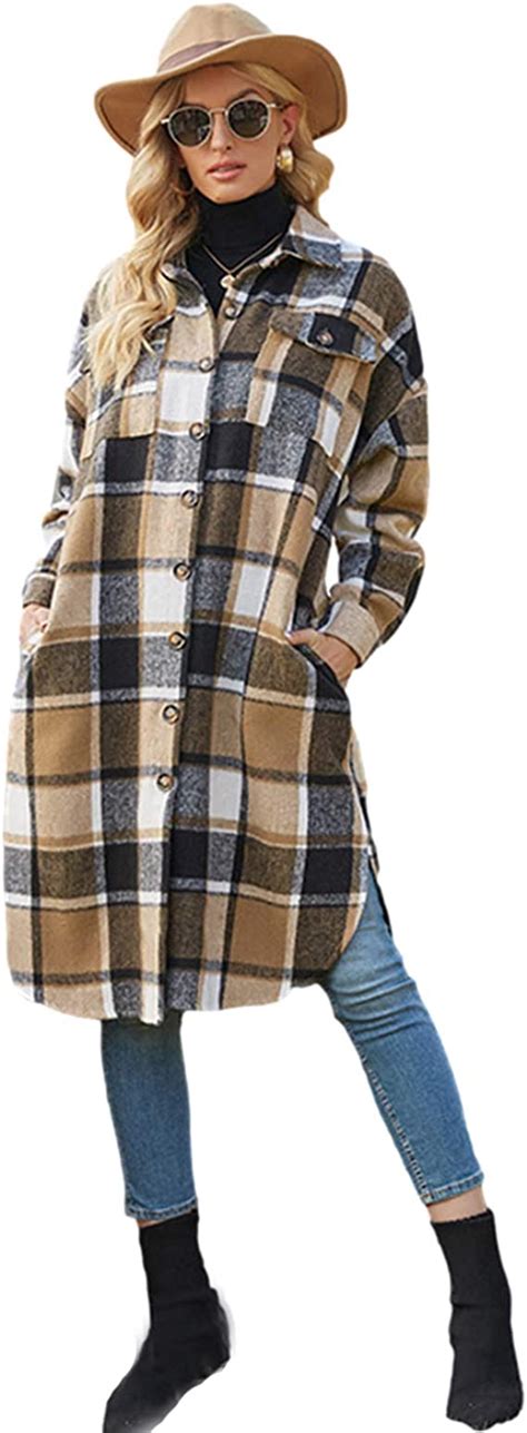 Puwei Womens Casual Lapel Button Down Long Plaid Shirt Coat Tartan