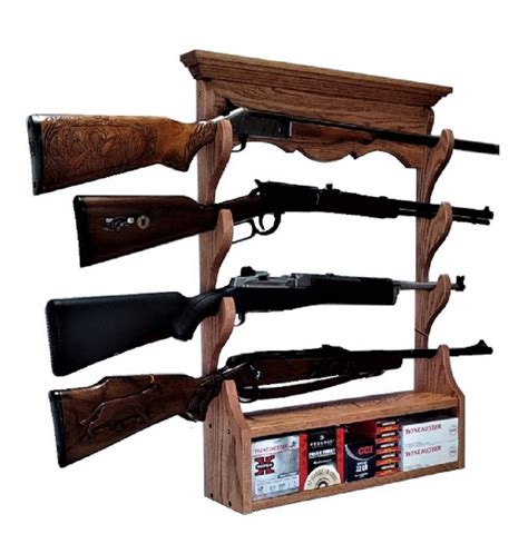 Oak Wooden Gun Rack 4 Place Rifle Shotgun Wall Display Ammo Storage