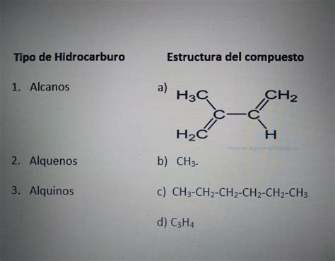 Relacione El Hidrocarburo Con El Ejemplo Que Correspondea 1a 2b 3cb 1c 2a 3dc 1c 2a 3bd