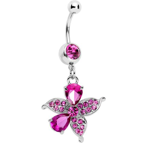 Pink Jeweled Tropical Flower Dangle Belly Ring Bodycandy