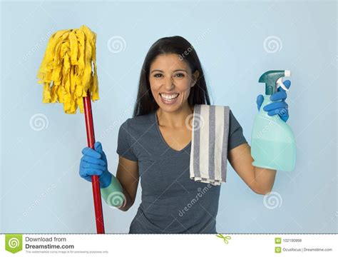 Attractive Hispanic Woman Happy Proud As Home Or Hotel Maid Cleaning