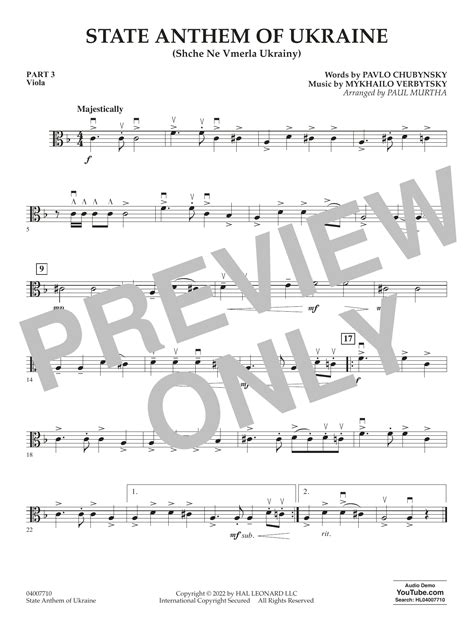 State Anthem Of Ukraine Shche Ne Vmerla Ukrainy Arr Murtha Pt Viola Sheet Music
