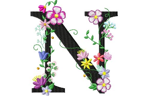 Floral Letter N Garden Flag Monogram Lace Swirl Flowers Block Font And