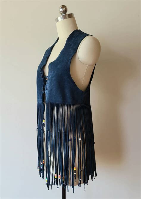 60s Fringed Vest Blue Suede Long Fringed And Beaded Hippie Etsy