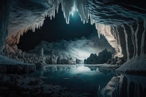 Premium Photo A Frozen Underground Lake In A Cavern With Stalactites