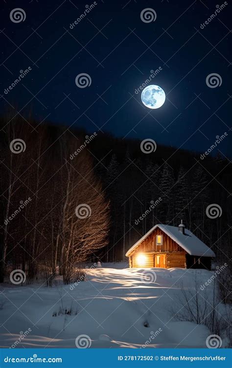 Winters Solitude Full Moon Over Snowy Forest Stock Illustration