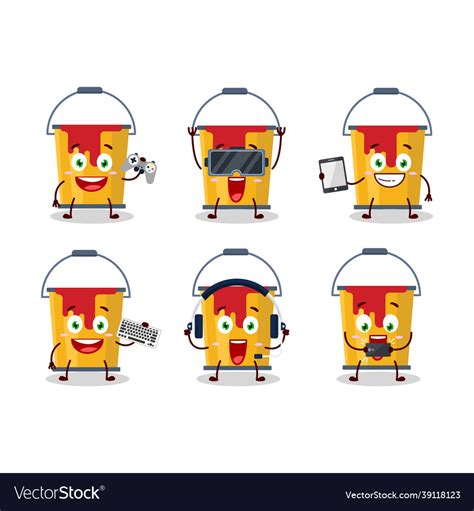 Yellow Paint Bucket Cartoon Character Are Playing Vector Image