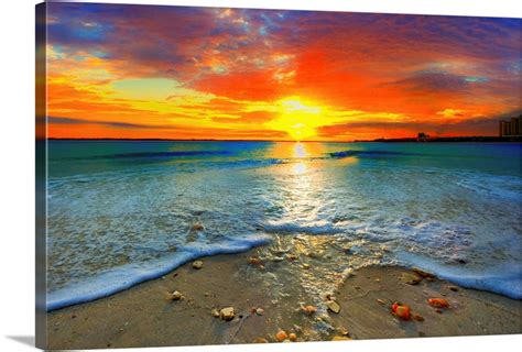 Amazing Red Sunset Over Blue Ocean Wall Art Canvas Prints Framed