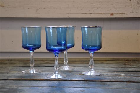 Silver Rimmed Blue Glass Cordial Stemmed Glasses Etsy Glass Glass Set Blue Glass