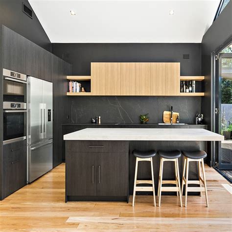 Modern Black Wood Grain Melamine Kitchen Cabinets Design For Sale