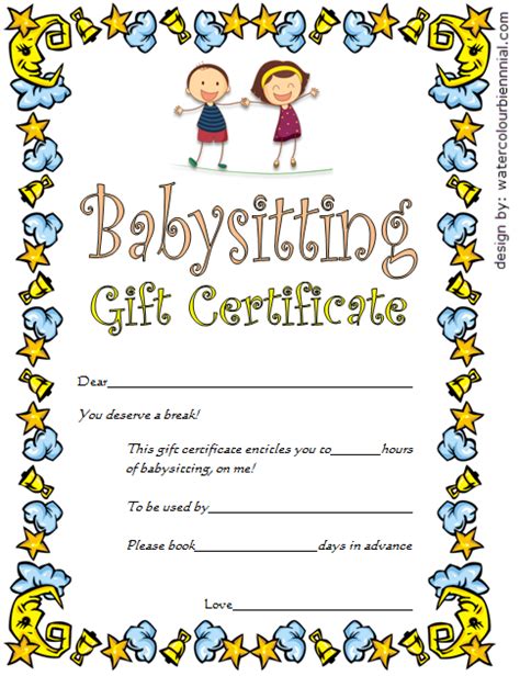 A great gift for a baby shower, give this to an expecting mother to use after the baby is born. Babysitting Gift Certificate Template Free 7+ NEW CHOICES