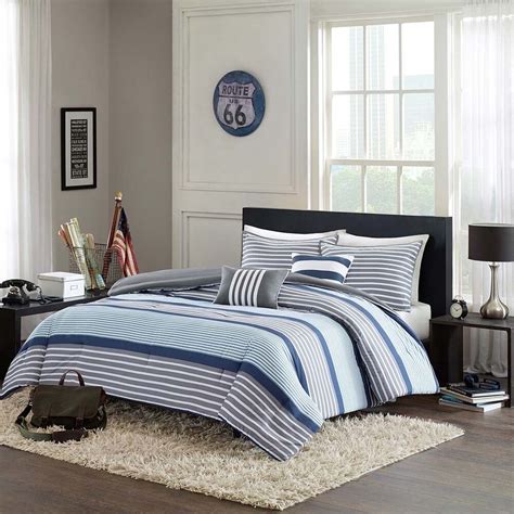 The pleated finish provides texture and added interest to the decor. BEAUTIFUL MODERN GREY BLUE WHITE STRIPE BOYS COMFORTER SET ...