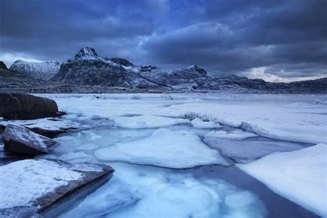 Frozen Fjord In Northern Norway In Winter At Sunrise Stock Photo