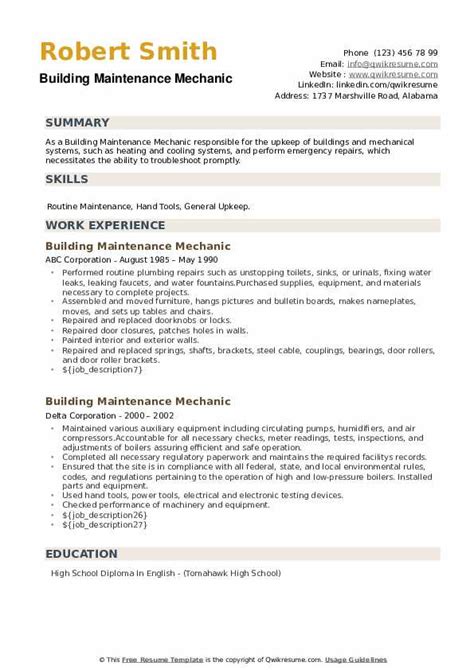 Key job responsibilities mentioned on an aircraft maintenance supervisor resume sample are recruiting and training staff, assigning tasks, maintaining maintenance records, adhering to safety regulations, and managing maintenance projects. Building Maintenance Mechanic Resume Samples | QwikResume