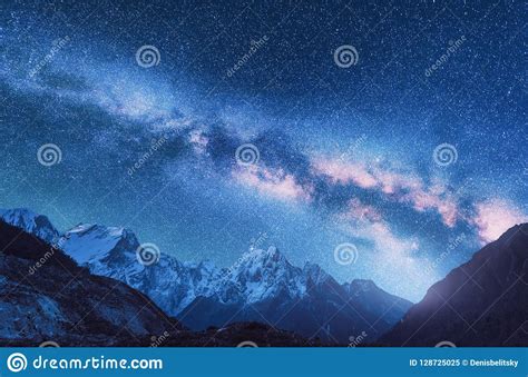 Space Night Landscapw With Milky Way And Mountains In Nepal Stock