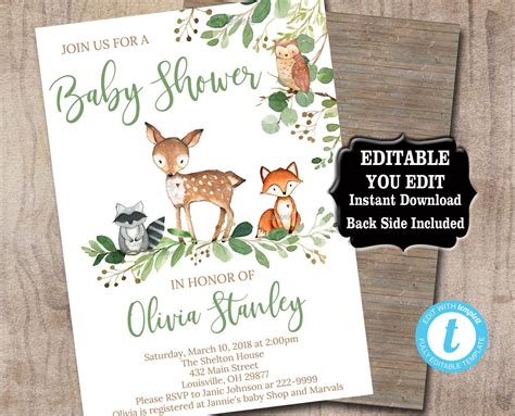 Editable Woodland Baby Shower Invitation Template Greenery Baby Shower