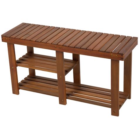 This storage bench made of wood exudes a rustic charm and will be a great addition to your decor. HomCom 3-tier Acacia WoodShoe Rack Bench for Boots ...