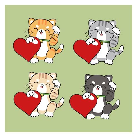 Conjunto de 4 gatos kawaii gatos abrazando corazón rojo para el día de