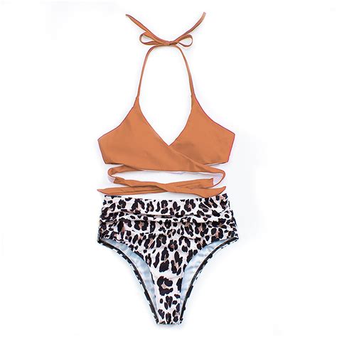 Women S Swimwear 2 Piece Set Cross Lace Bra Leopard Print Sexy Bikini