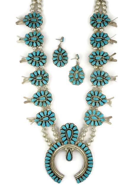 Turquoise Petit Point Squash Blossom Necklace Set By Zuni Evangeline