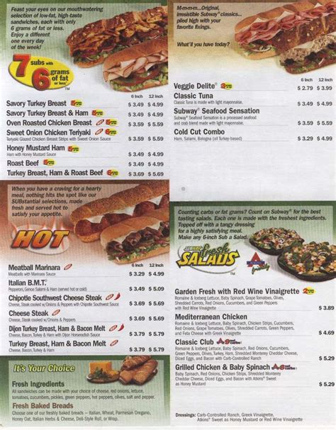 Menu Of Subway Sandwiches And Salads In Wapakoneta Oh 45895