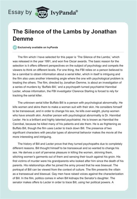 The Silence Of The Lambs By Jonathan Demme 1137 Words Assessment