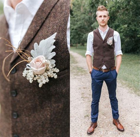 2018 Vintage Brown Tweed Vest Wool Herringbone Groom Vests Pockets Men