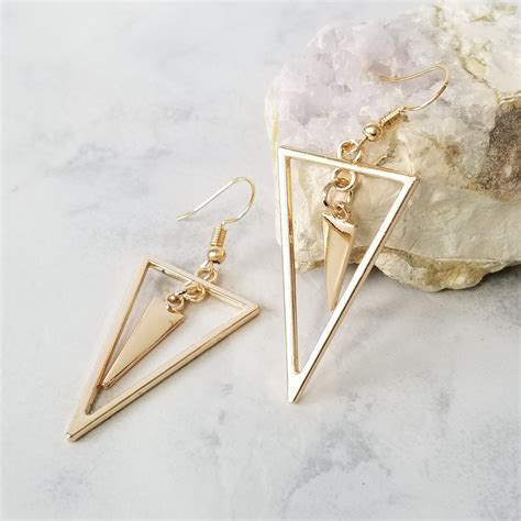 Gold Triangle Earrings Dangle Geometric Earrings Women Gift Etsy