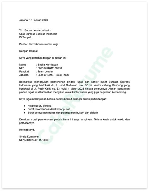 8+ Contoh Surat Permohonan Pindah Tugas, Begini Caranya! | CakeResume