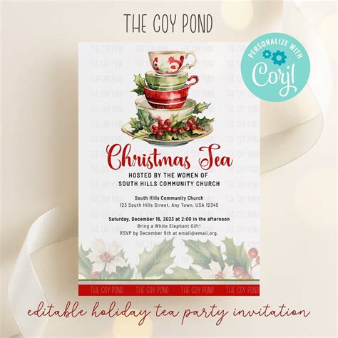 Christmas Tea Party Invitation Holiday Tea Template Personalized