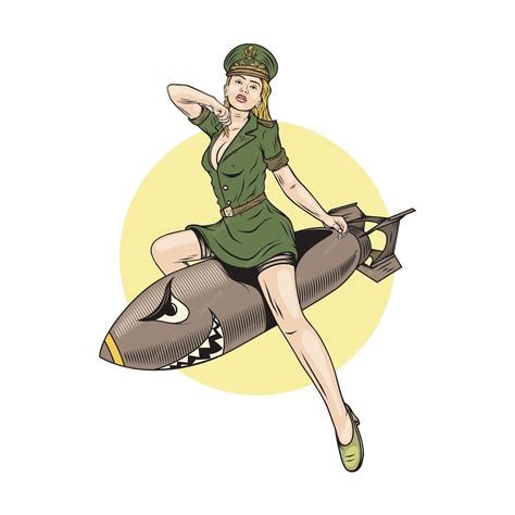 Premium Vector Pinup Style Attractive Military Young Woman Riding A Bomb Poster Print Or