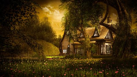 Cottage On Field Of Flowers In The Woods