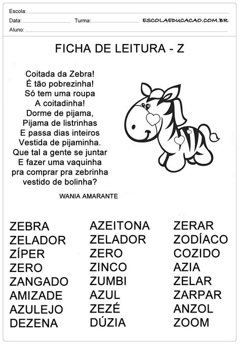 Ficha De Leitura Letra Z Zebra Escola Educação