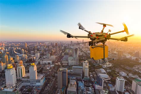 Drone Transport Flying With Cardboard Box Above City Futuristic